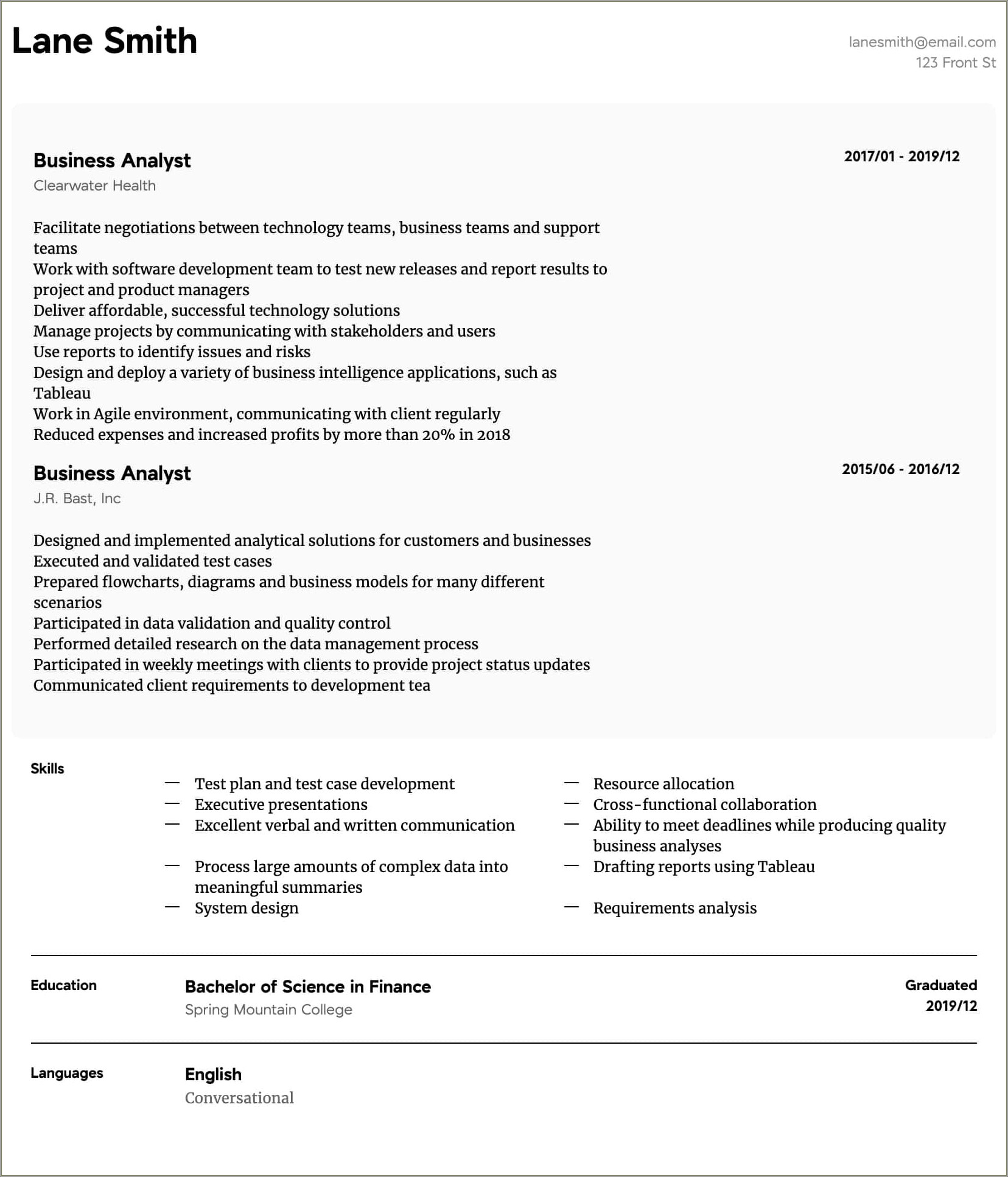 Business Analyst Resume Examples Entry Level
