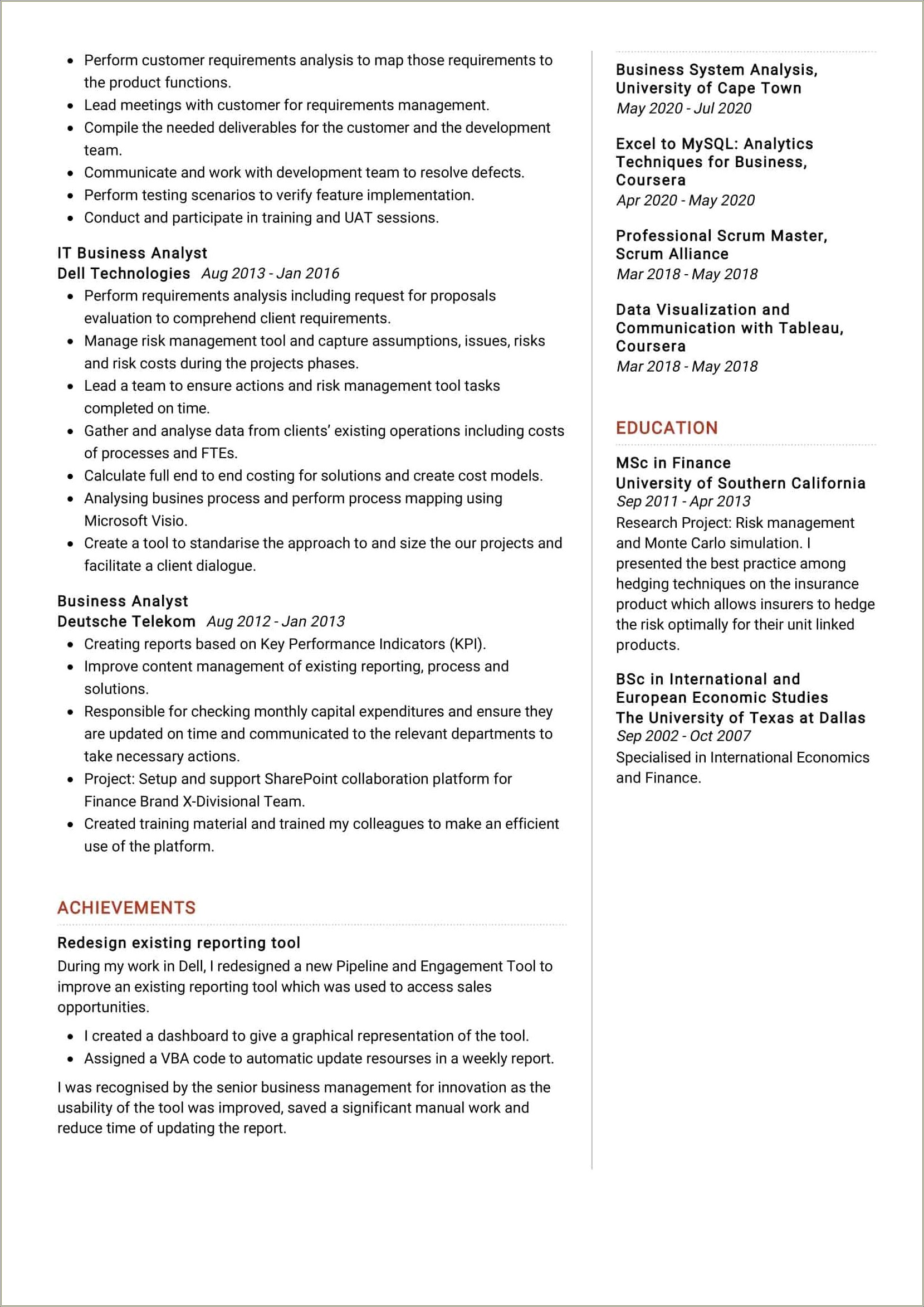 Business Analyst Resume Sample Velvet Jobs