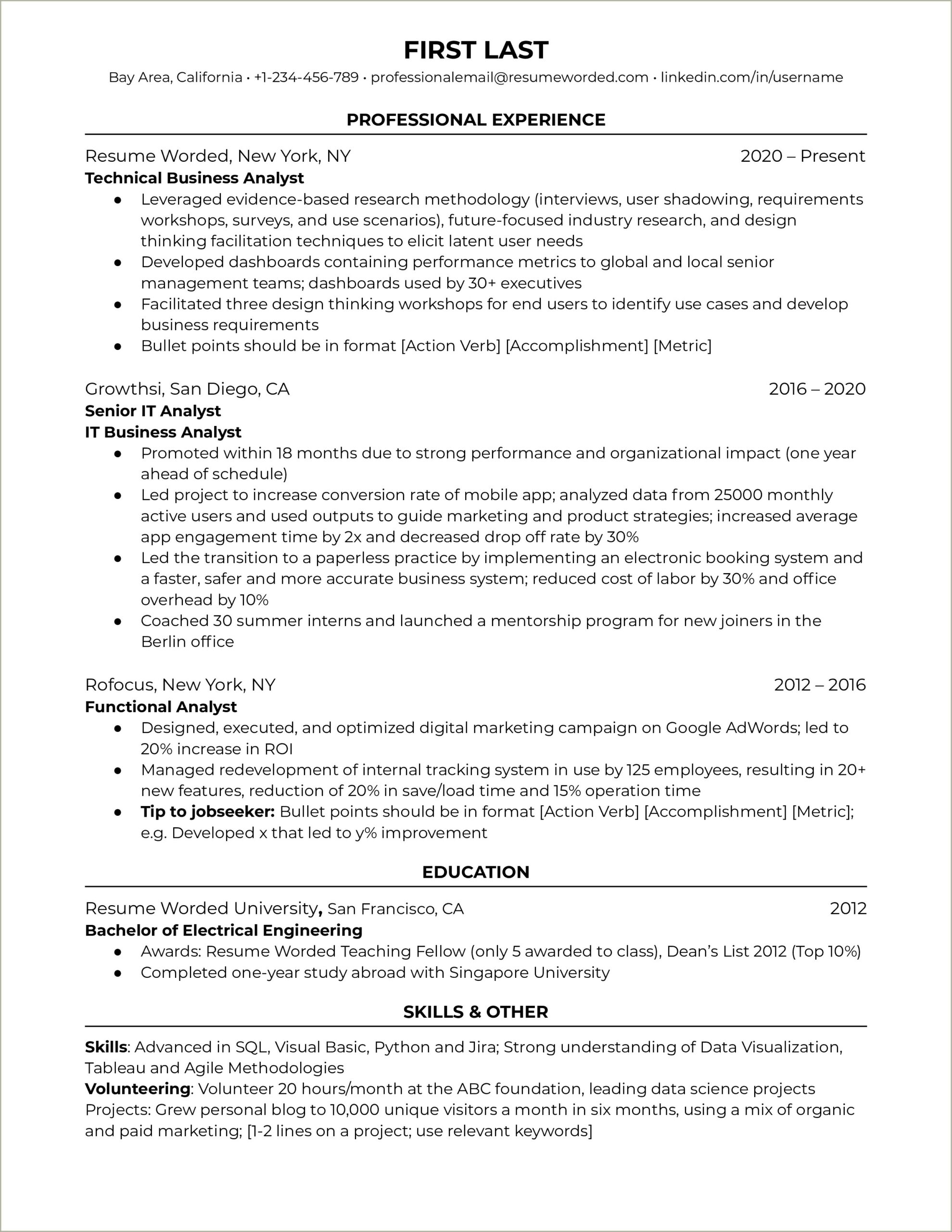 Business Analyst Resume With Tableau Experience