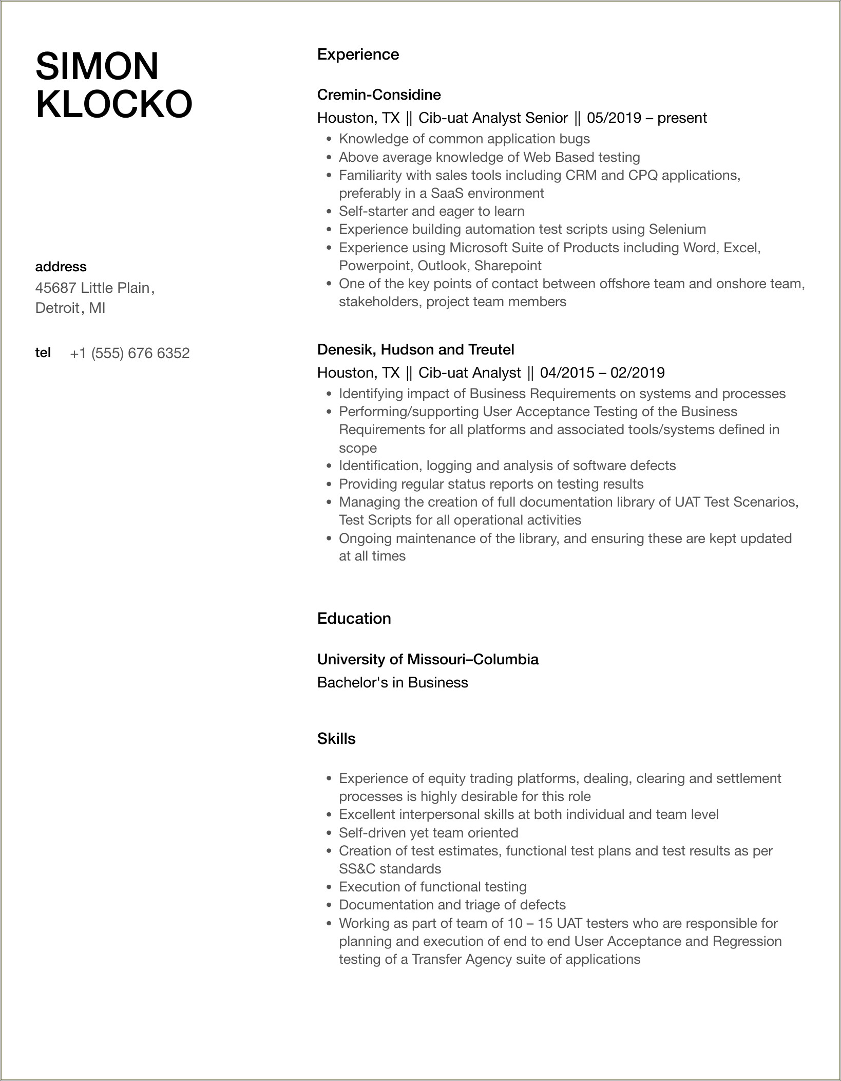 Business Analyst Resume With Uat Experience
