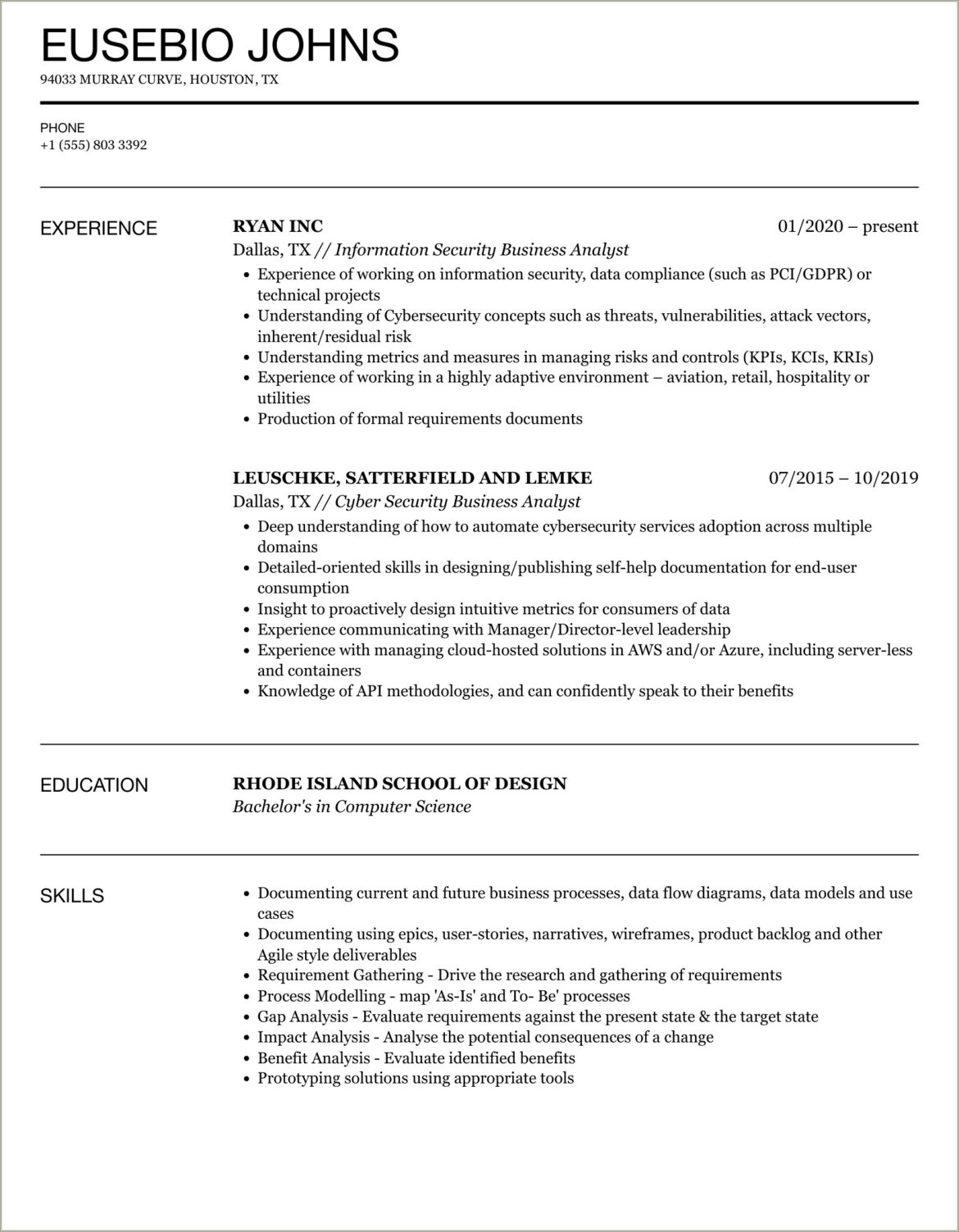 Business Analyst Sample Resume Pci Assets