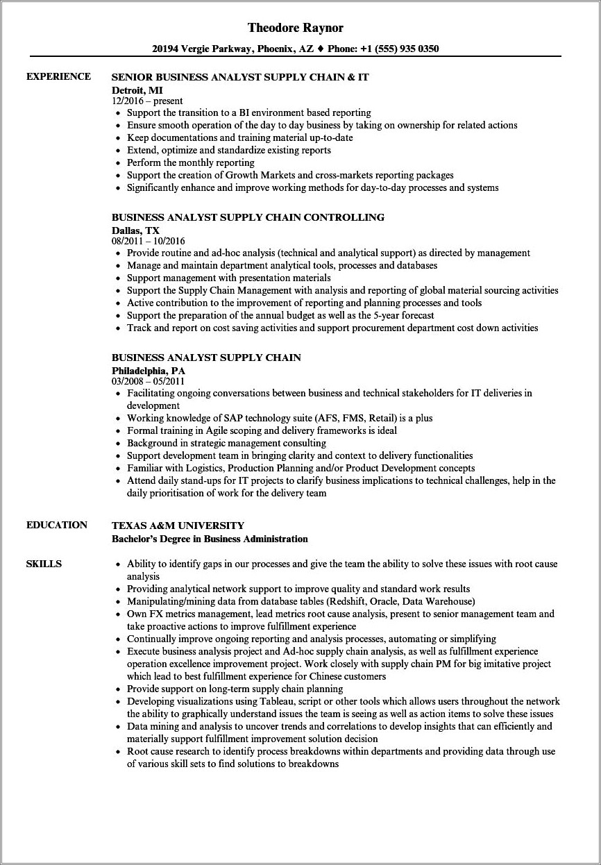 Business Analyst Supply Chain Management Resume