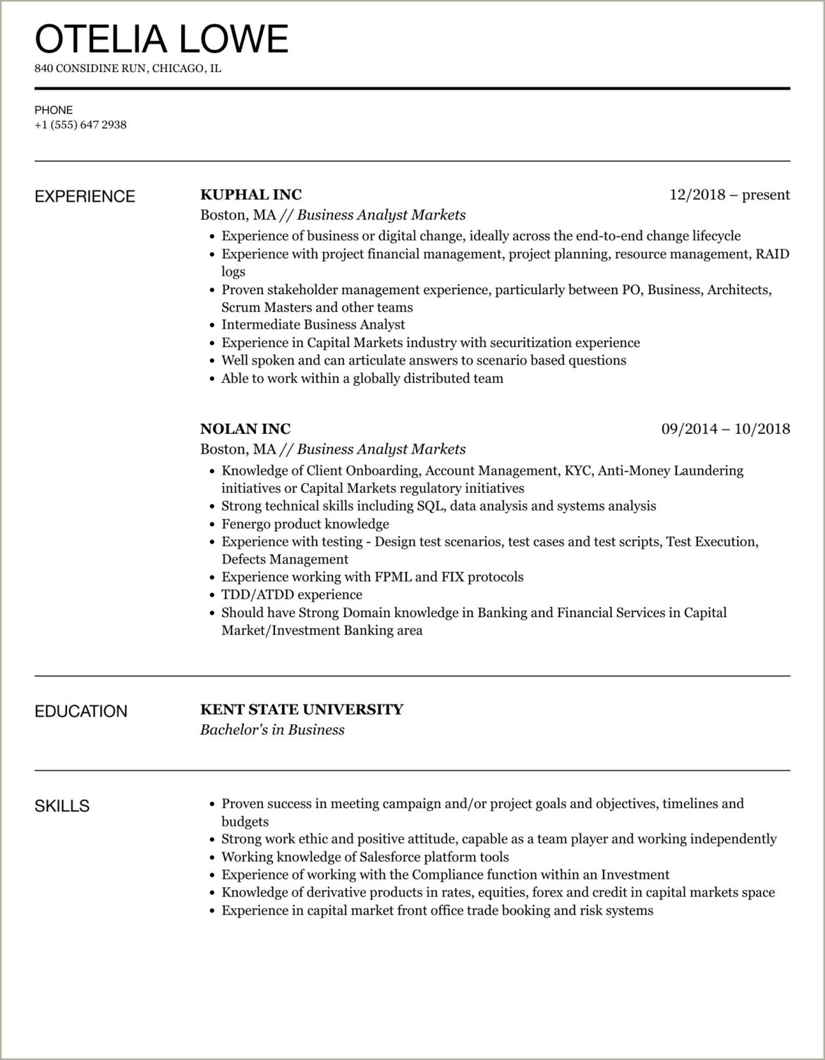 Business Analyst With Aladdin Sample Resume