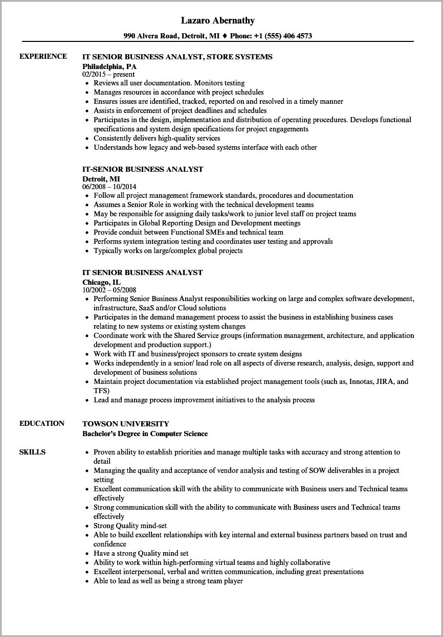 Business Analyst With Innotas Sample Resume