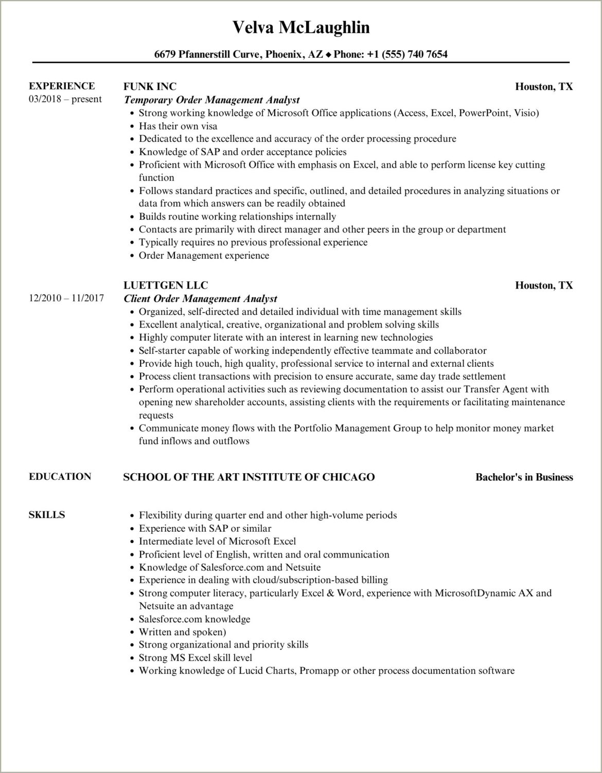 Business Analyst With Order Management System Resume