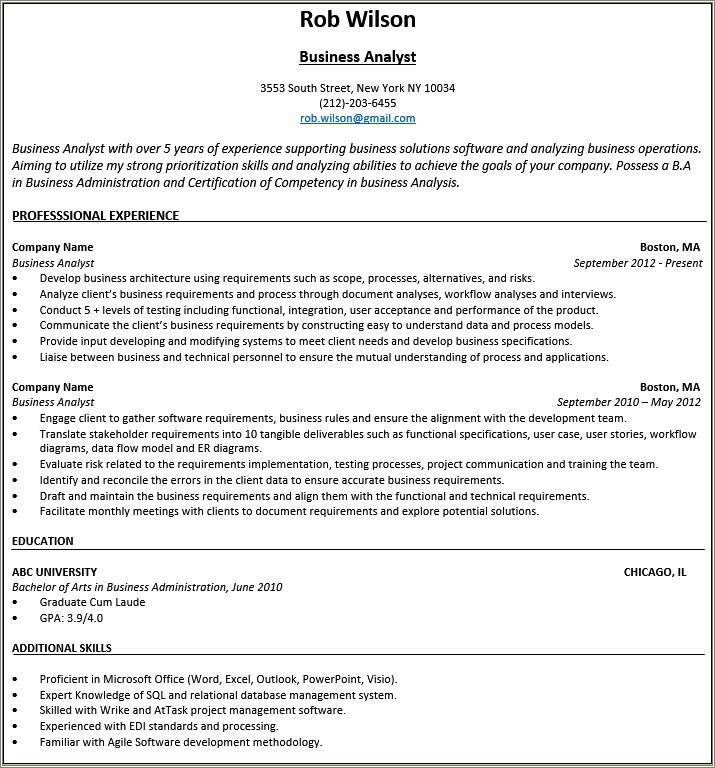 Business Analyst With Relational Database Experience Resume