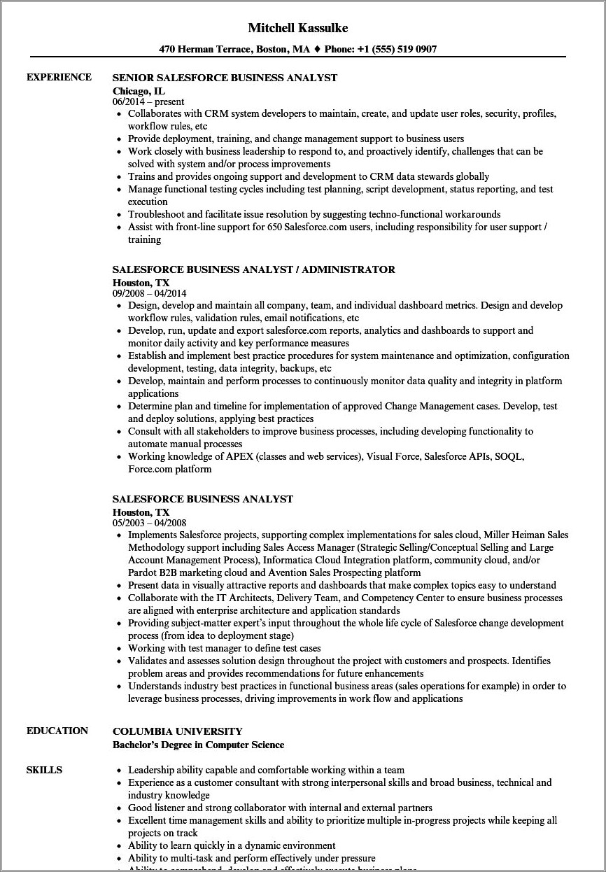 Business Analyst With Salesforce Experience Resume