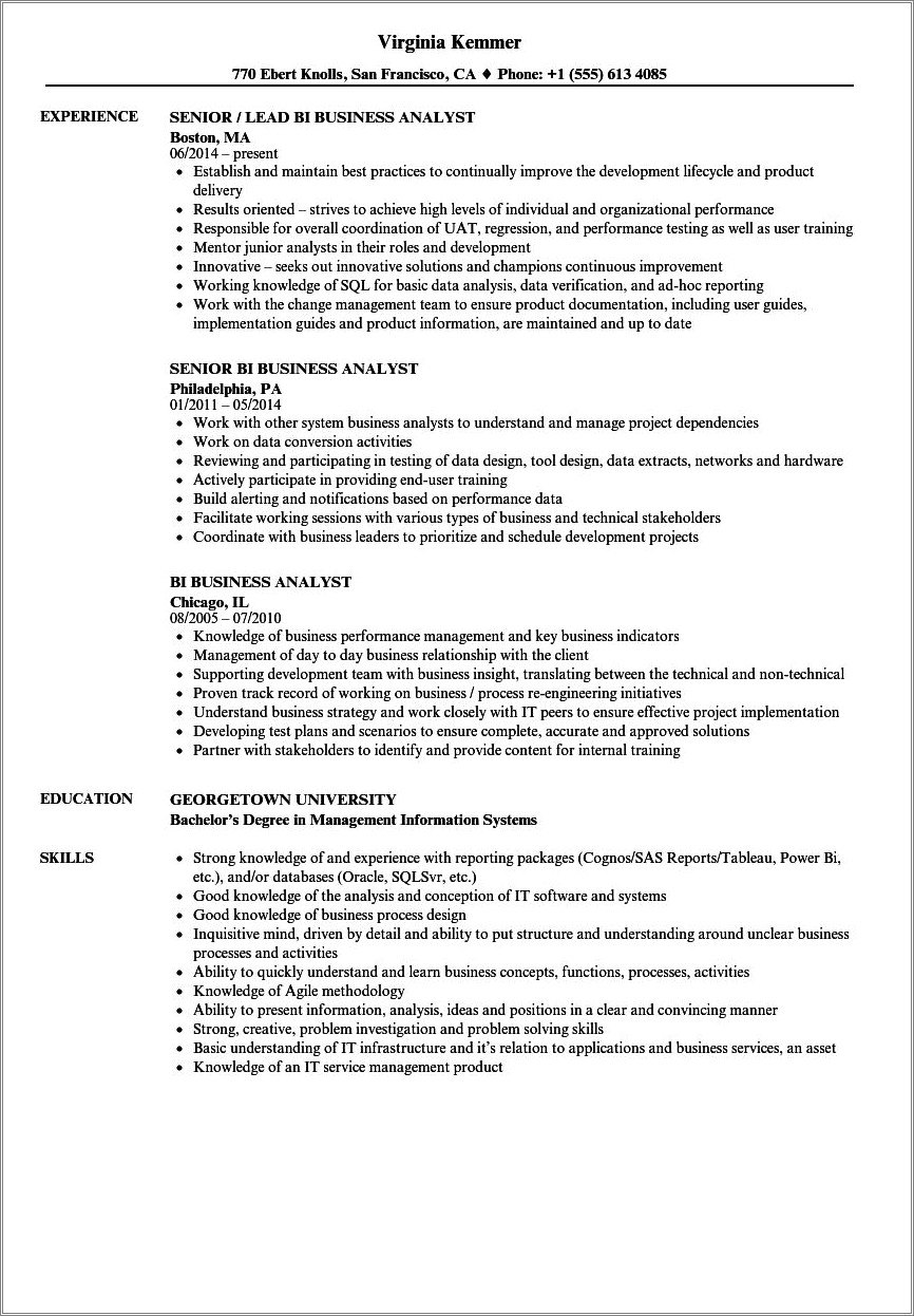 Business Analyst With Sql Experience Resume
