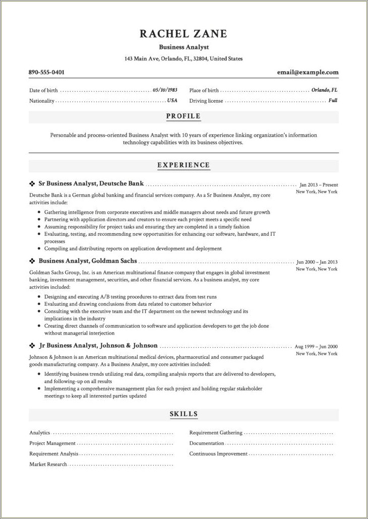 Business Analyst With Stakeholders Experience Sample Resume