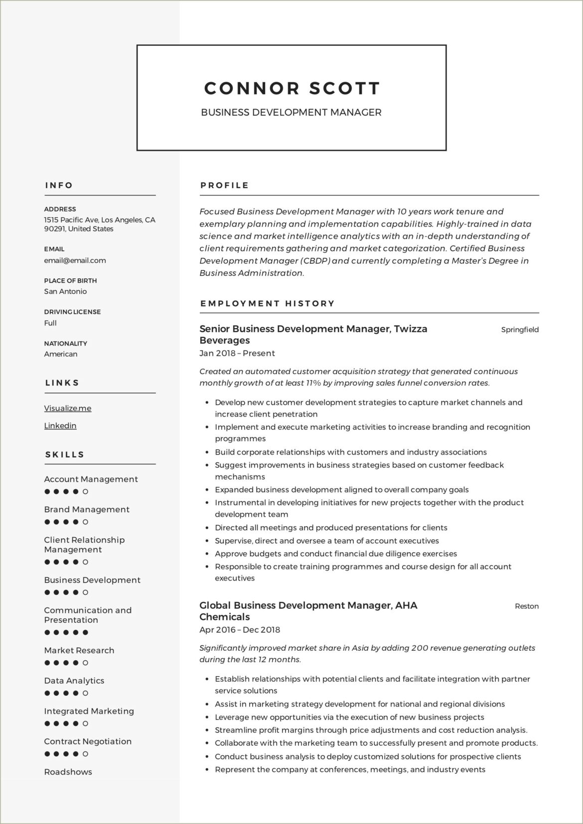 Business Development Executive Resume Sample India