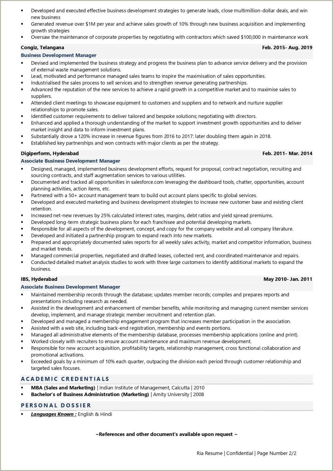 Business Development Executive Sample Resume India