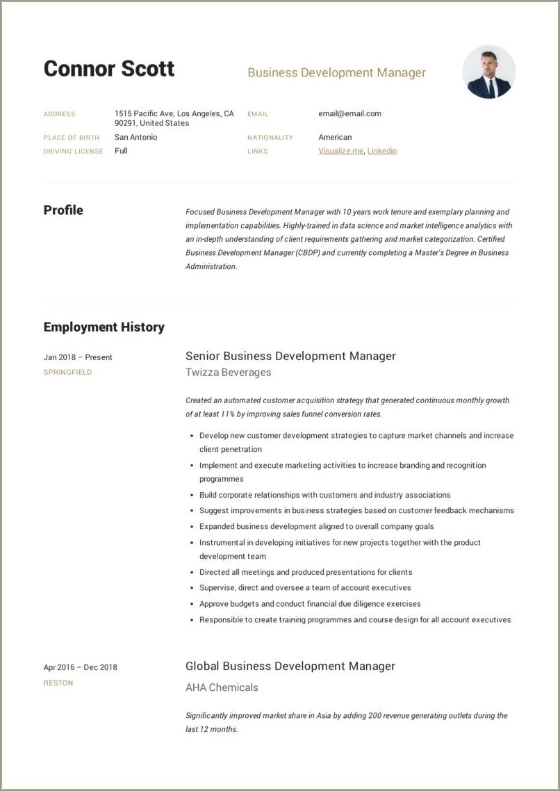 Business Development Manager Resume Canada Salary