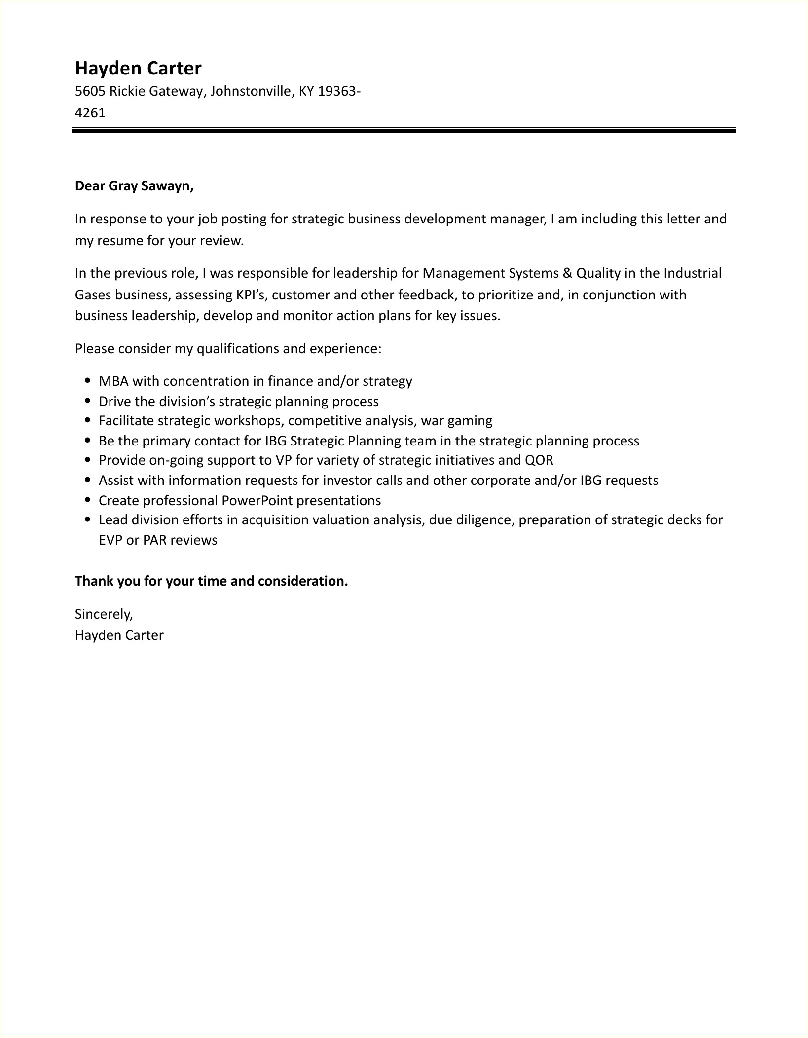 Business Development Manager Resume Cover Letter