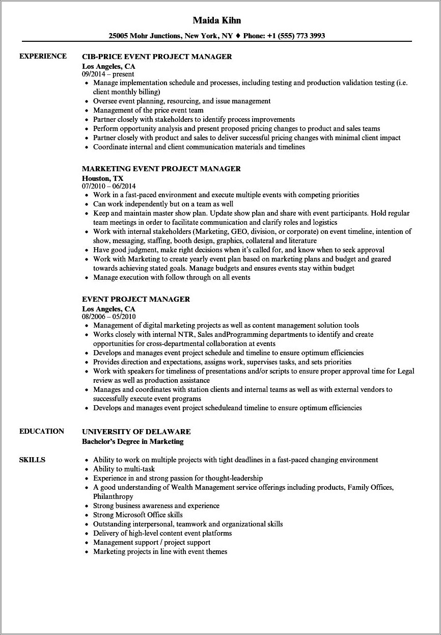 Business Manager And Events Director Resume