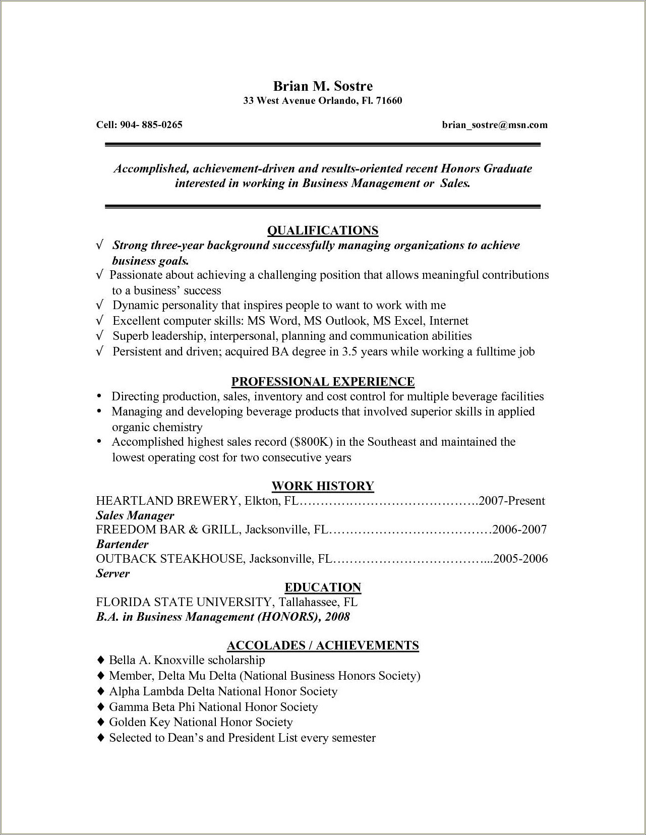 Business Resume Example For Recent Graduate