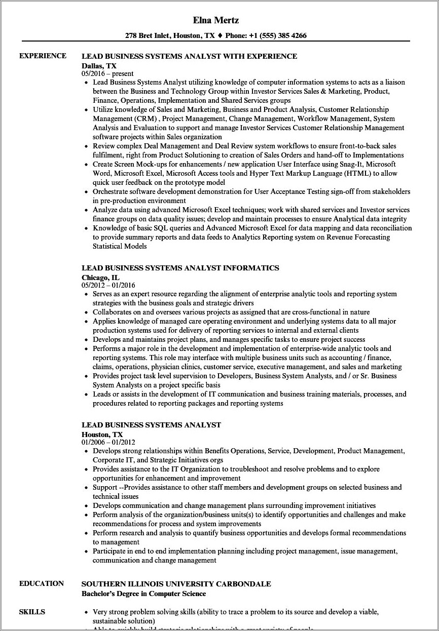 Business Systems Analyst With Ssis Sample Resume