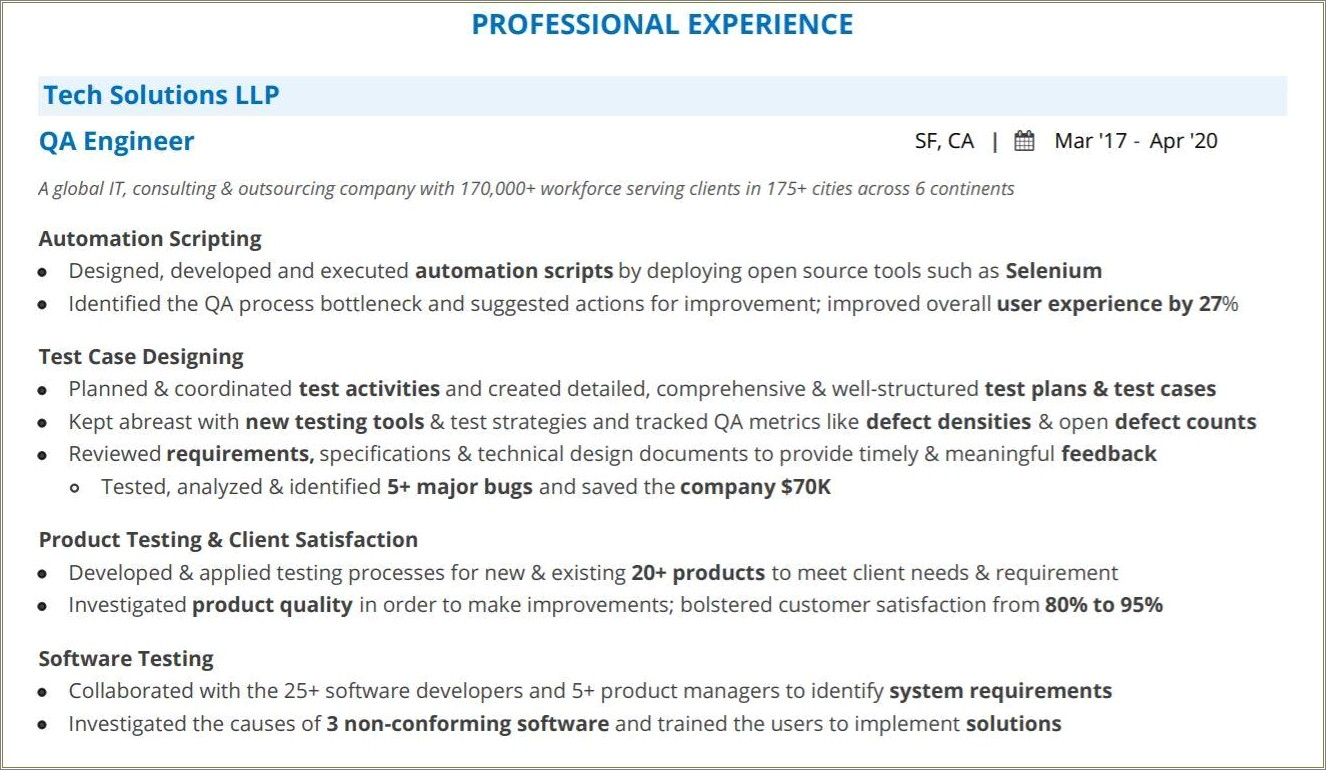 C Automation Experience With Qa Resume