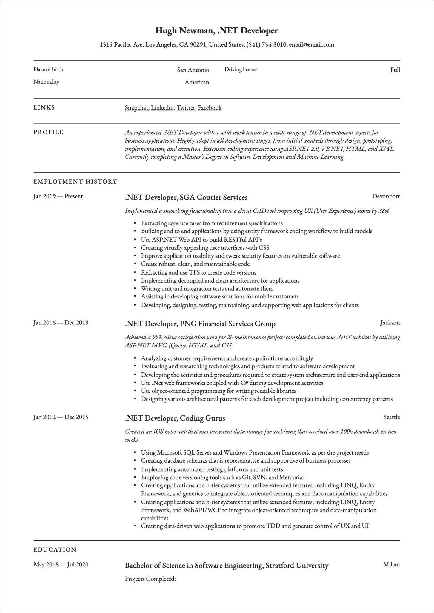 C Net Resume For 2 Years Experience