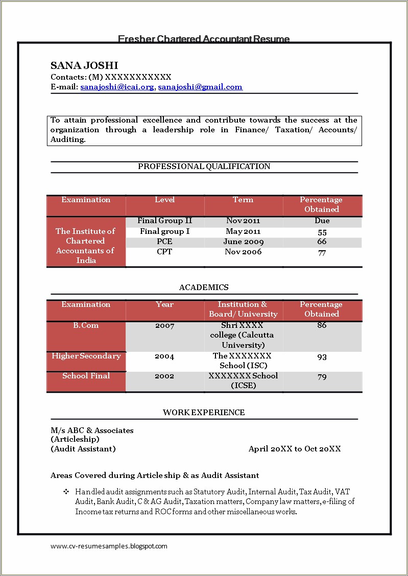 Ca Articleship Resume In Word Format