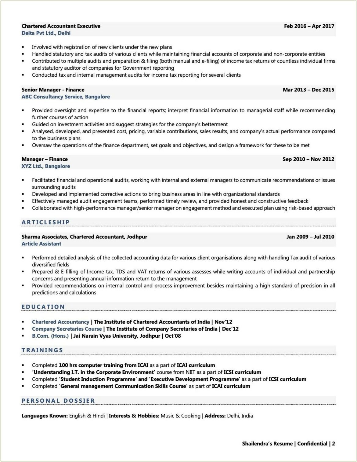 Ca Inter Resume Format In Word