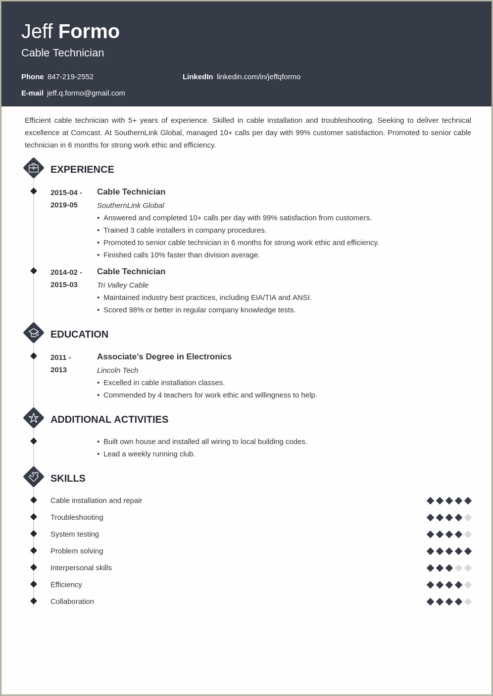 Cable Field Service Technician Resume Sample