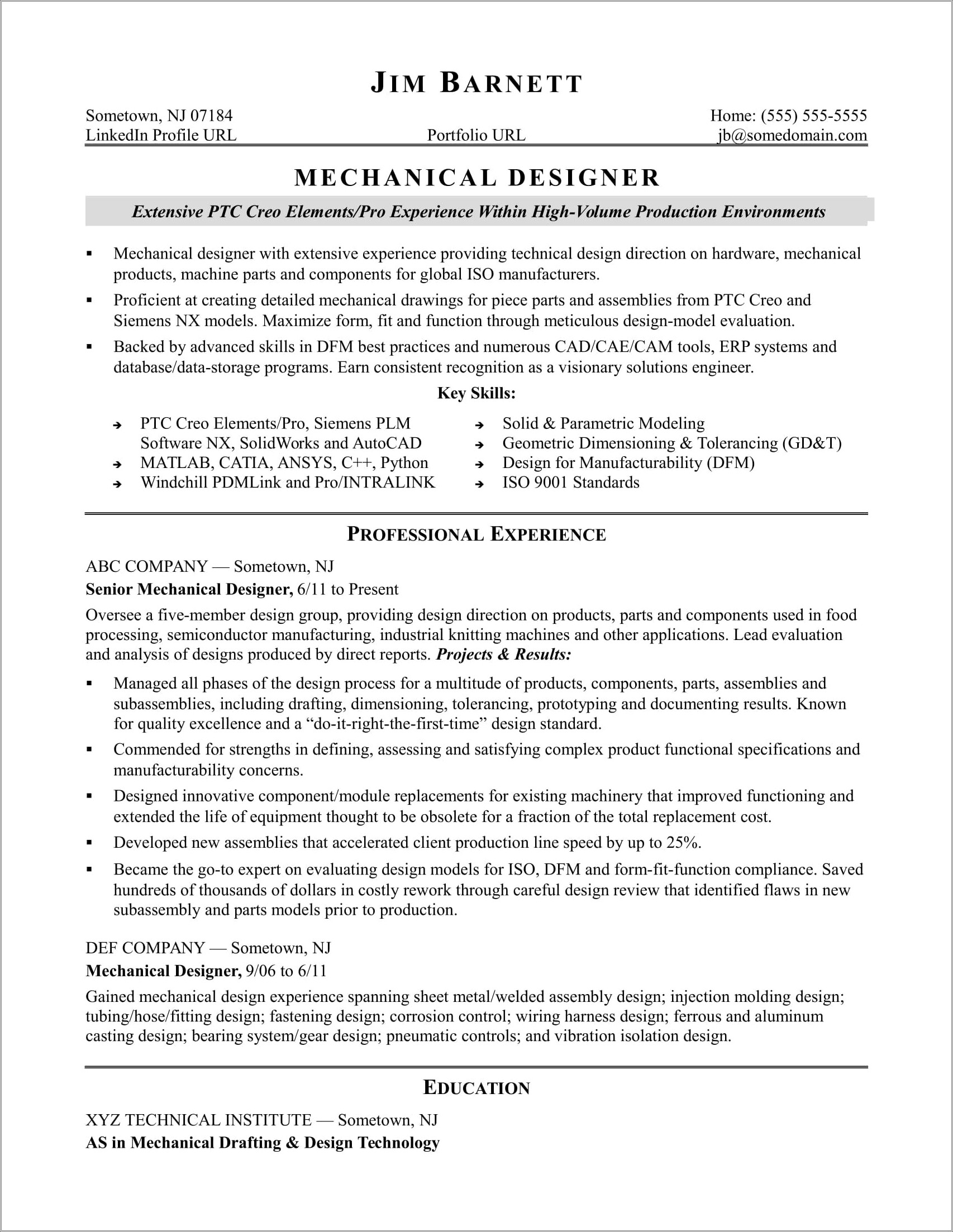Cad Designer Experience With Metals Like Resume