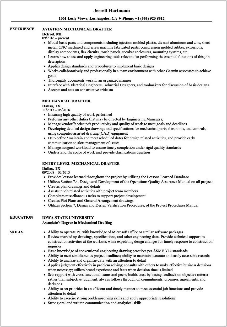 Cad Drafter Resume Sample With No Work Exp