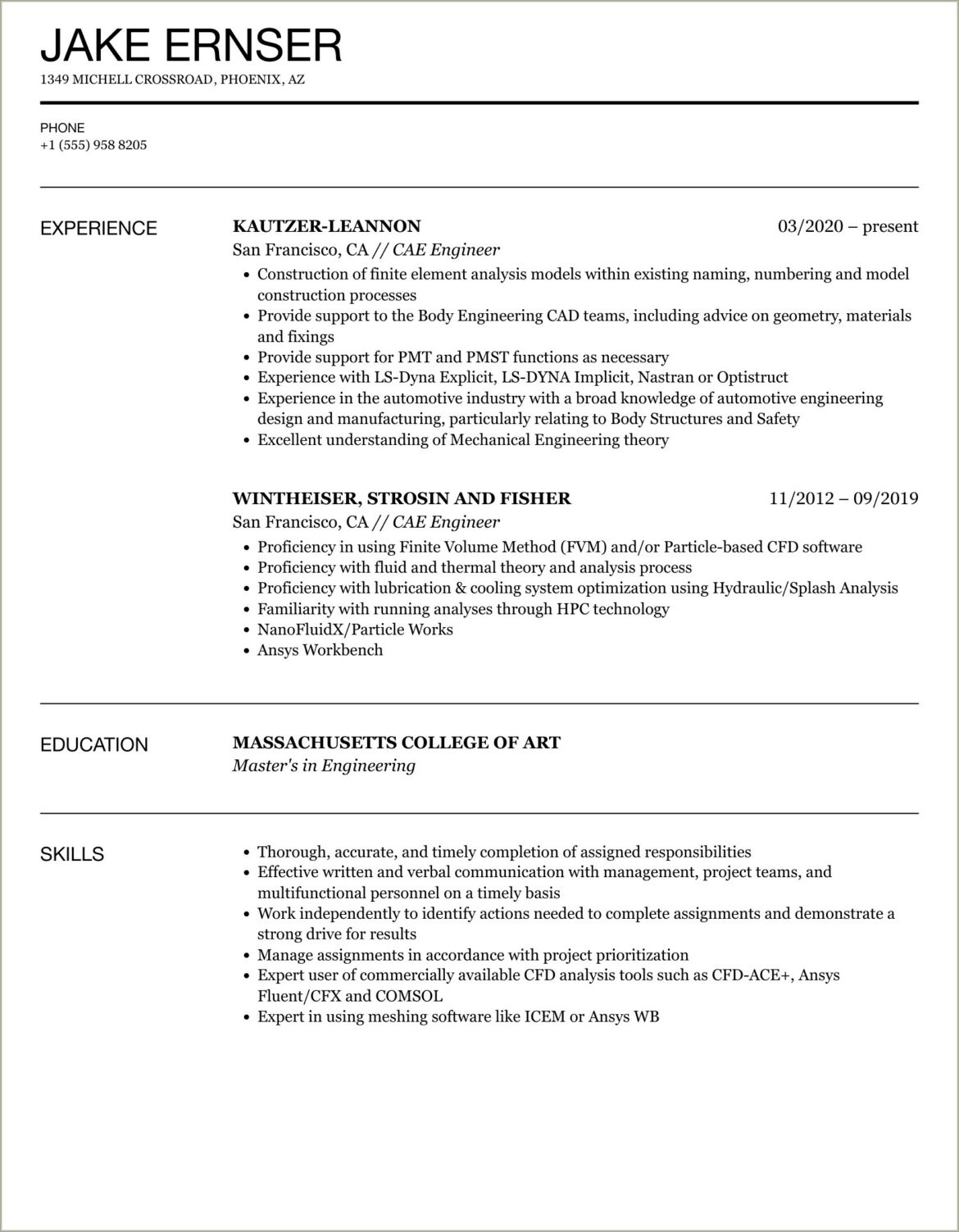 Cae Engineer With 3 Years Experience Resume