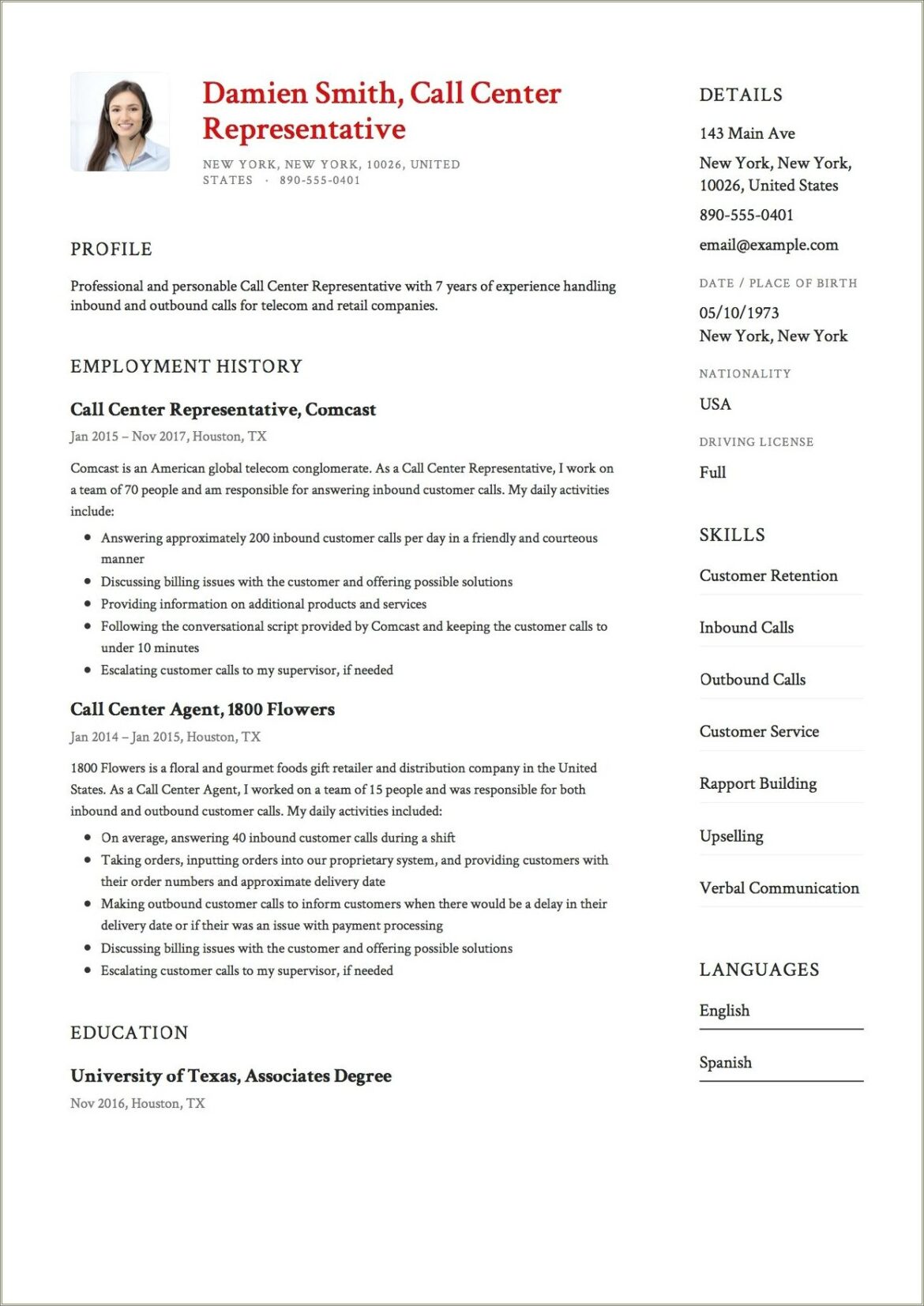 Call Center Customer Service Description For Resume