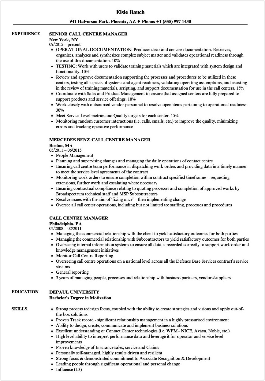 Call Center Customer Service Manager Resume