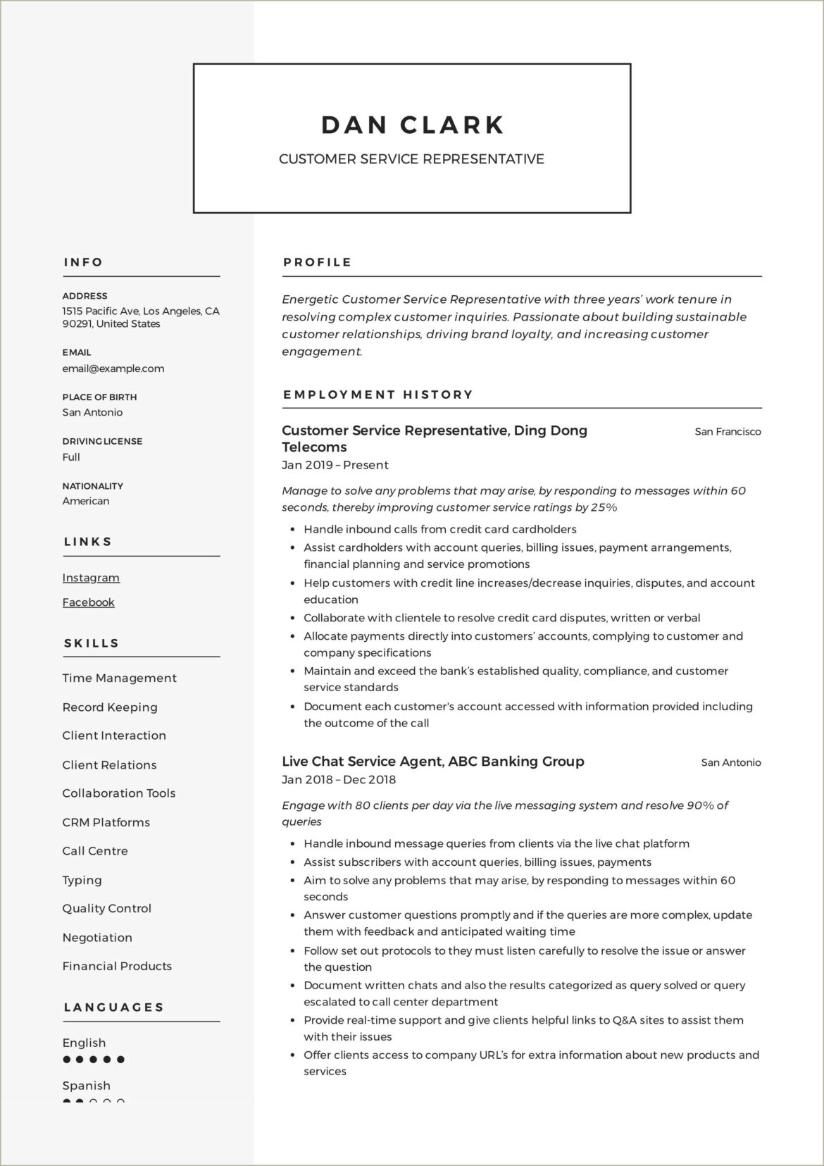 Call Center Customer Service Representative Resume Examples