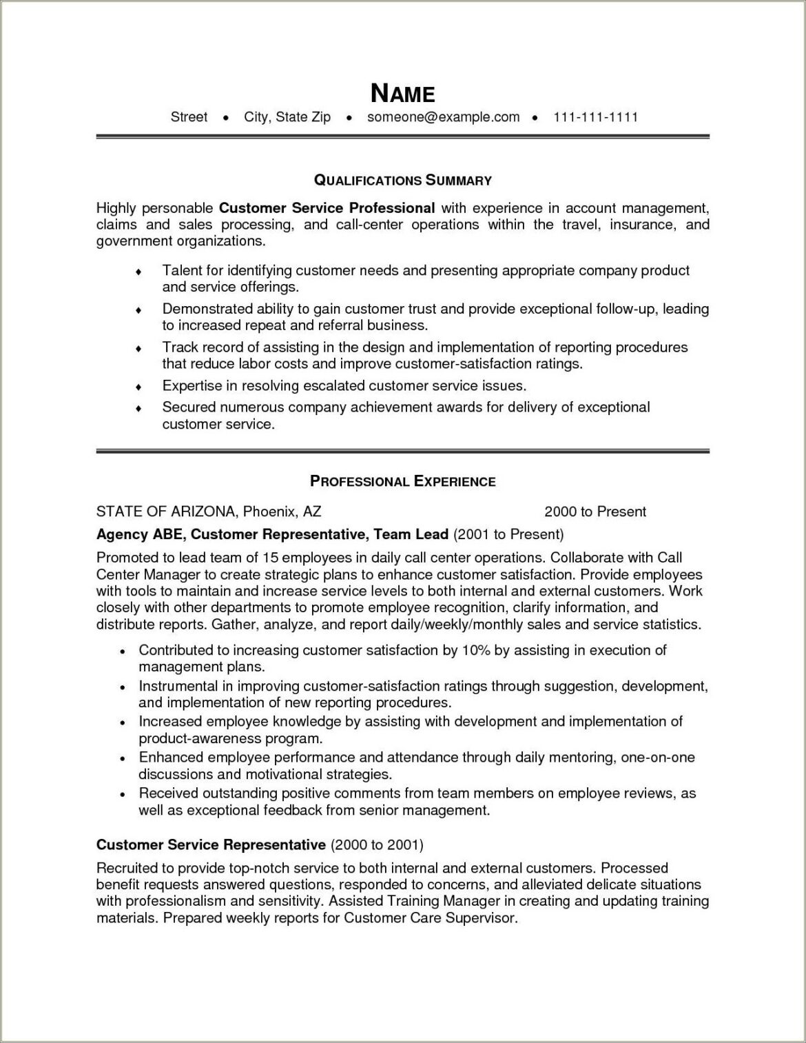 Call Center Customer Service Resume Summary