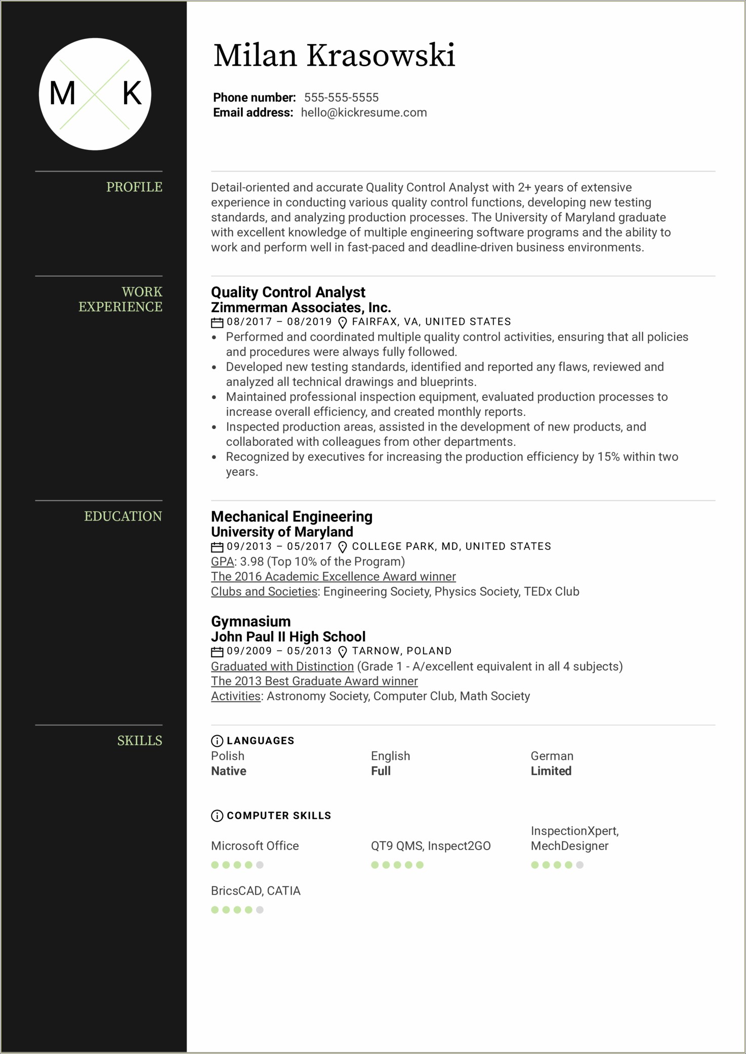 Call Center Quality Analyst Resume Example