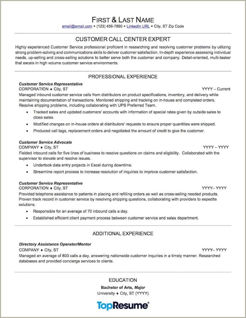 Call Center Representative Description For Resume