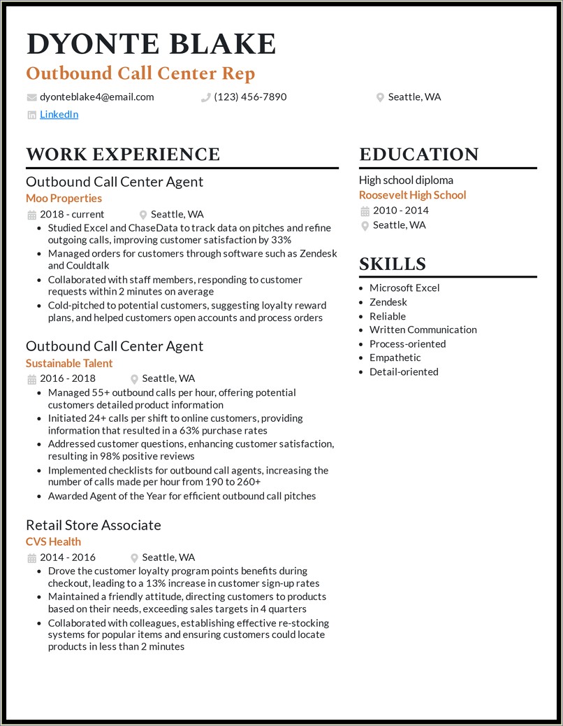 Call Center Resume Examples For Freshers