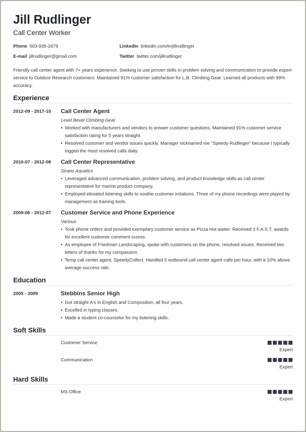 Call Center Resume Without Relevant Experience