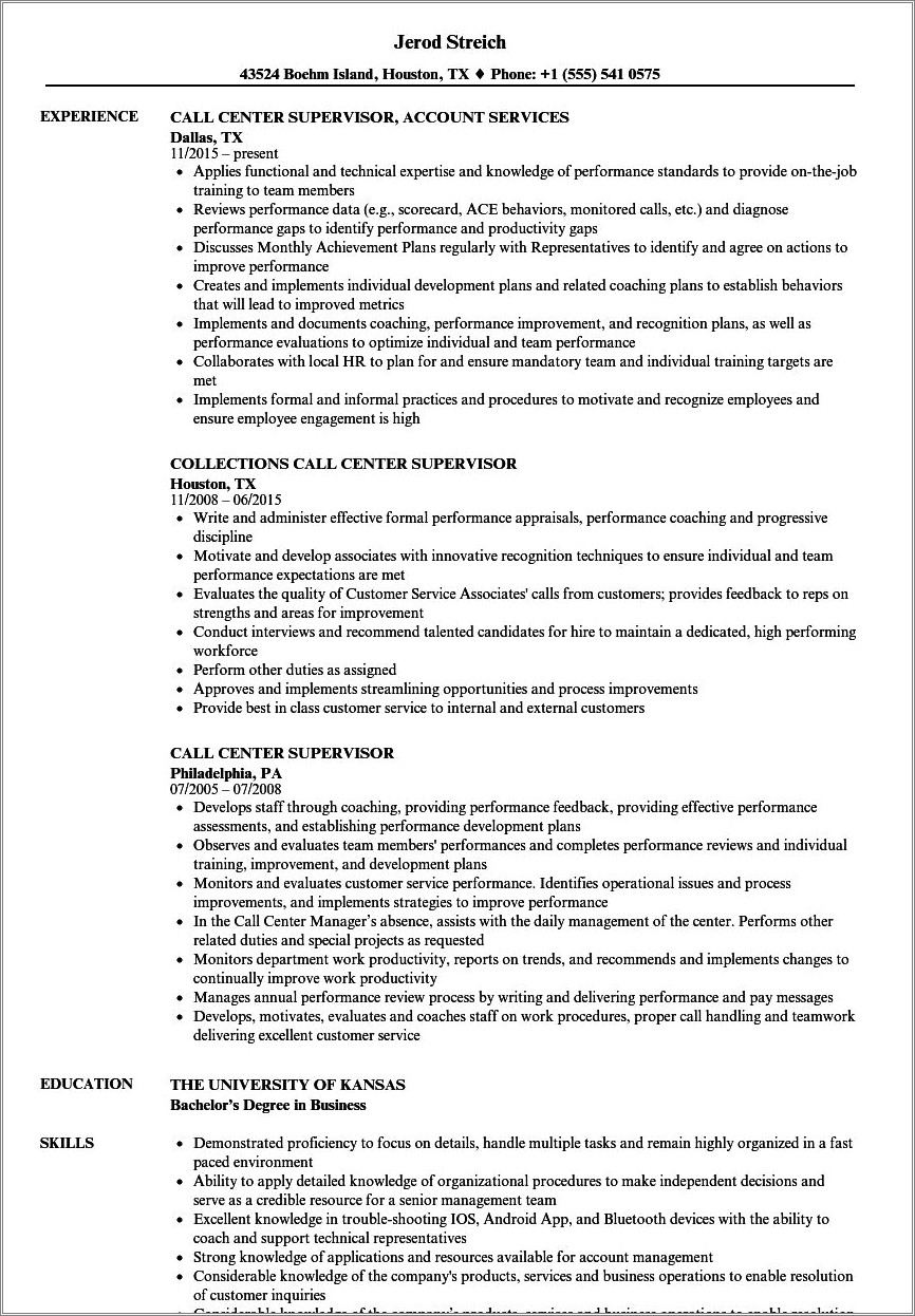 Call Center Retention Super Visor Resume Examples