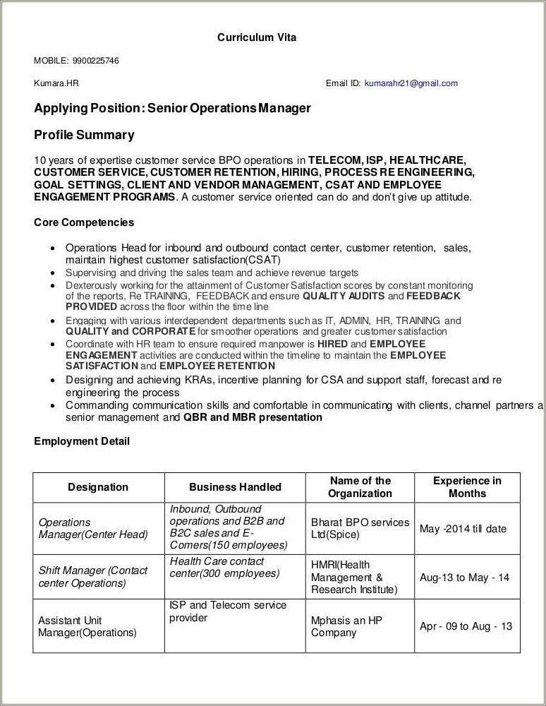 Call Center Senior Operations Manager Resume