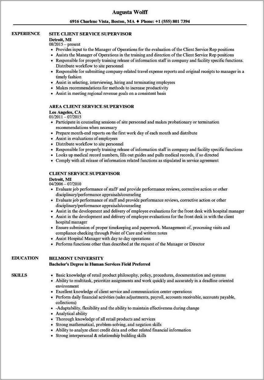 Call Center Supervisor Job Description For Resume