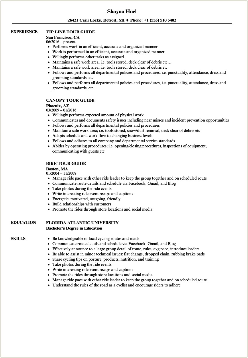 Campus Tour Guide Resume Transferable Skills