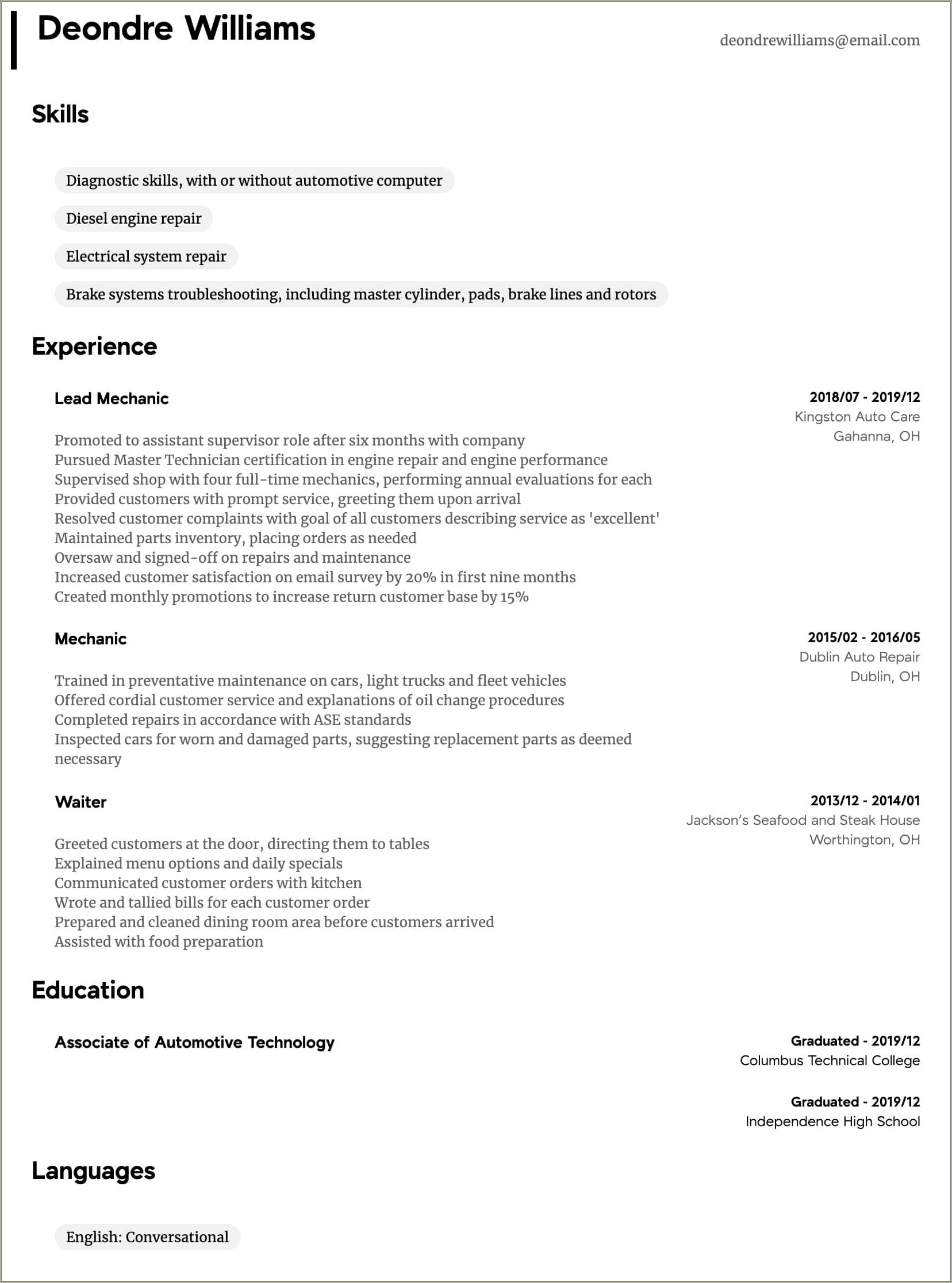 Car Mechanic Job Description For Resume