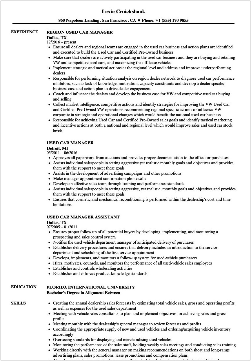 Car Sales Assistant Job Description Resume