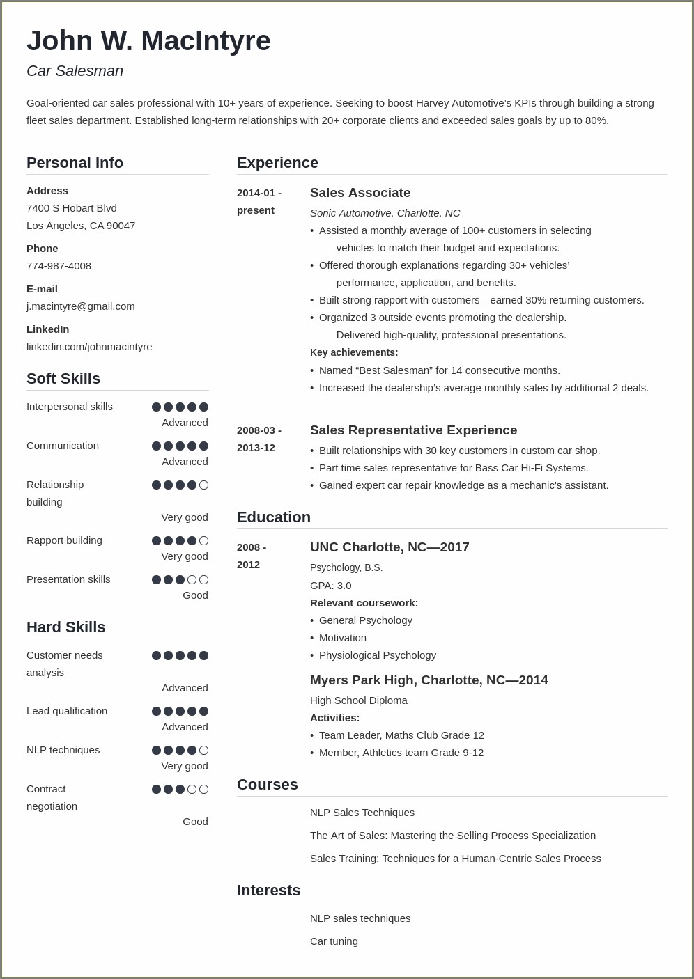 Car Sales Consultant Job Description For Resume