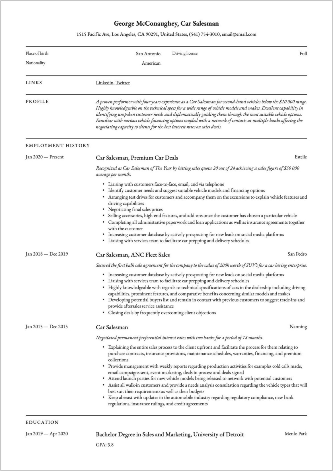 Car Sales Consultant Job Description Resume