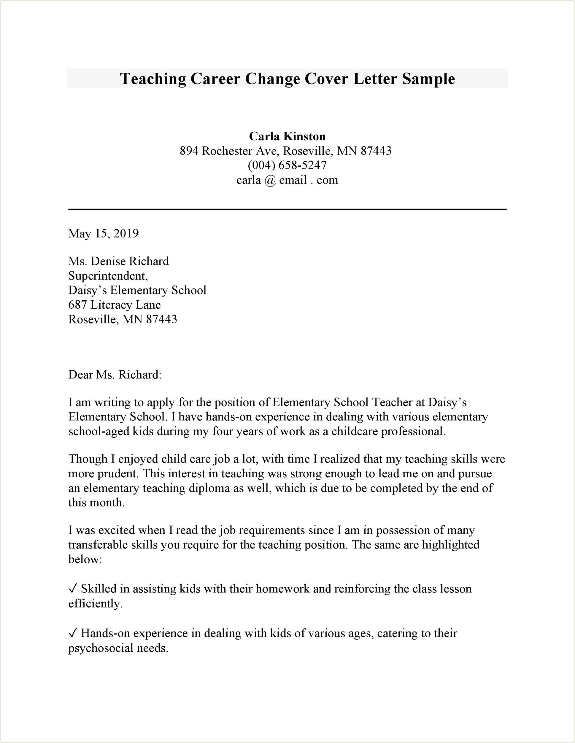Career Change Teacher Cover Letter Resume