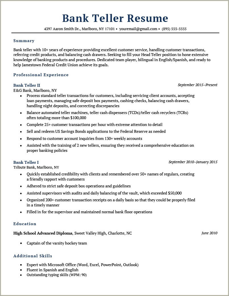 Career Objective Examples For Banking Resume