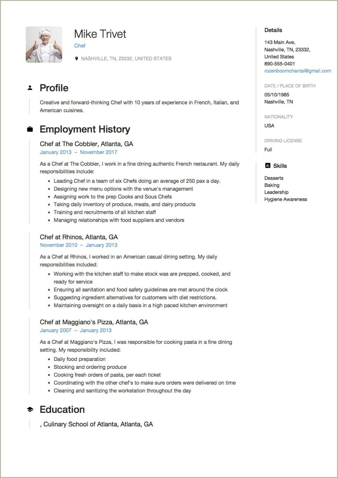 Career Objective Examples For Chef Resume