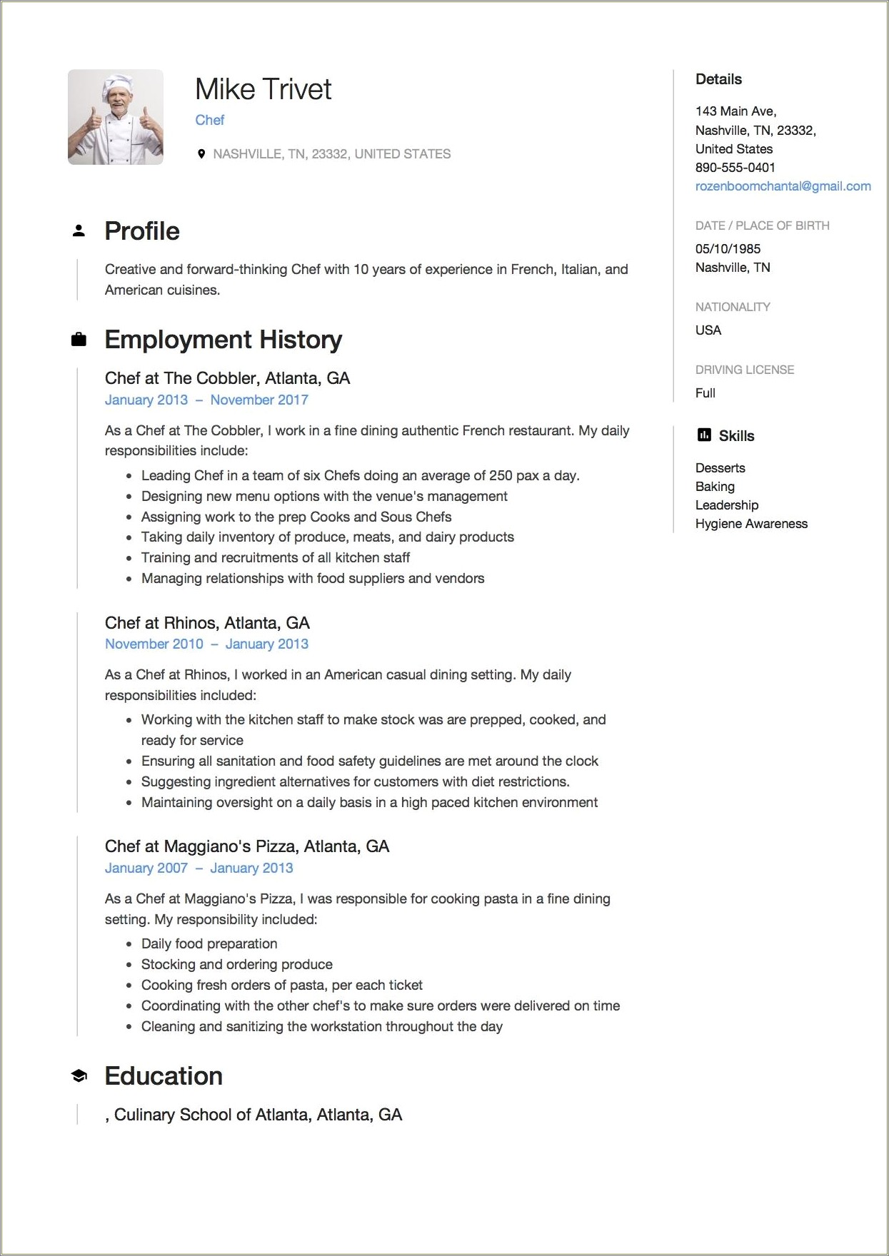 Career Objective Examples For Chef Resume