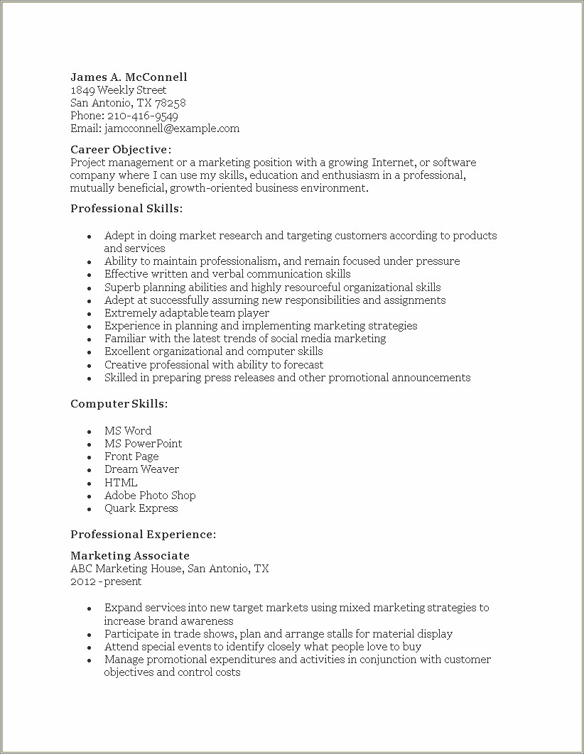 Career Objective For A Salesmarketing Resume