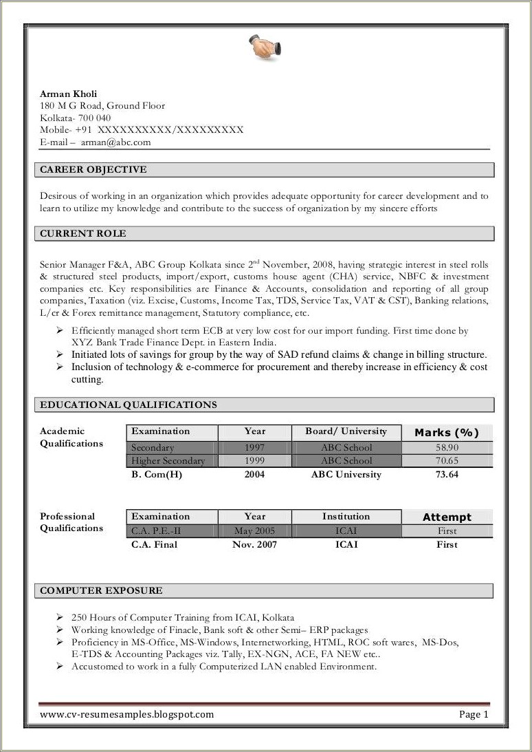 Career Objective For Ca Articleship Resume